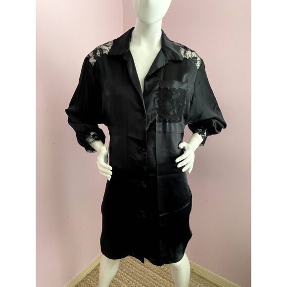 Vintage 90s Lily of France Sleep Shirt SMALL Jacquard Satin Lace Trim Nightgown - Picture 1 of 10